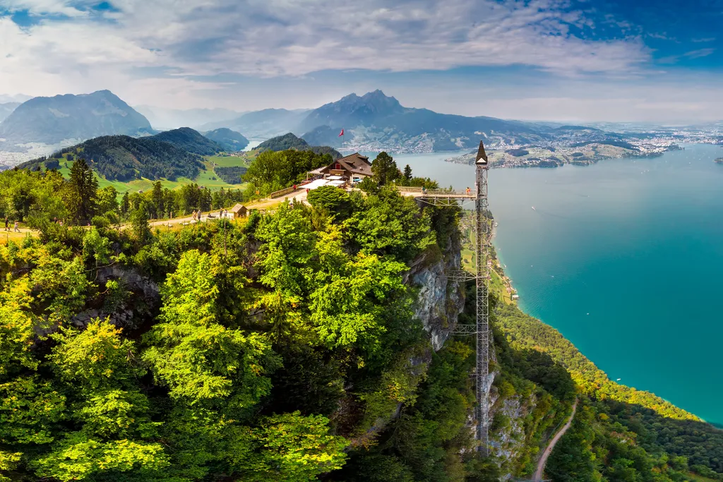 Burgenstock,,Switzerland,-,August,1,,2018,-,Hammetschwand,Elevator,In burgenstock,brunnen,steel,alps,luzern,vierwaldstattersee,tourism BURGENSTOCK, SWITZERLAND - August 1, 2018 - Hammetschwand elevator in Alps near Burgenstock with the view lift 