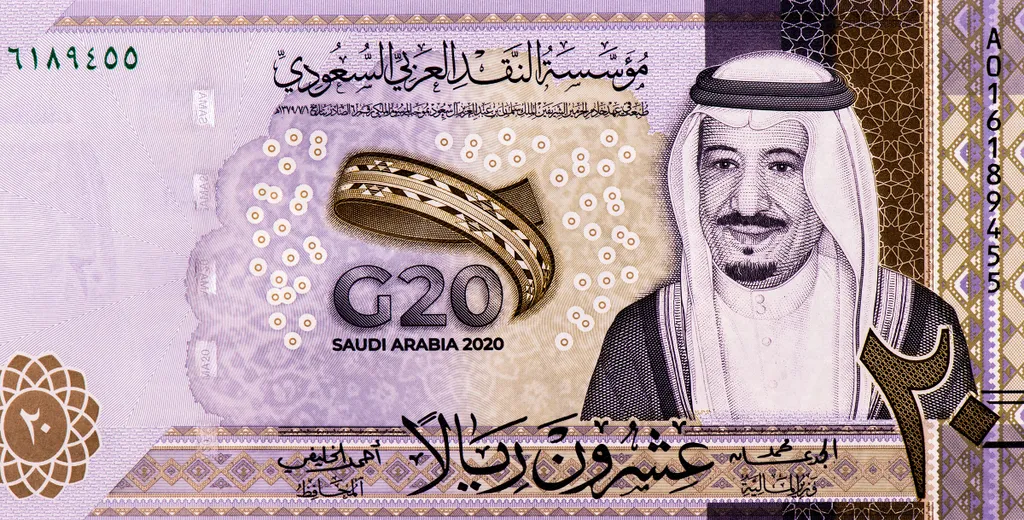 arabia,symbol,islamic,new delhi,sources,pakistan,riyadh,in Saudiarabia 20 Riyals 2020 Banknotes. Commemorates the Saudi presidency of the G20 summit held on 21-22 November 20 Szaúd-Arábia fizetőeszköz pénz 