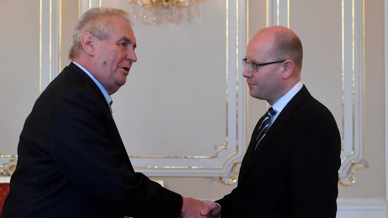 politics Horizontal Czech Prime Minister Bohuslav Sobotka (R) shakes hand with Czech President Milos Zeman prior their meeting on May 4, 2017 at the Prague castle.   
Czech Prime Minister Bohuslav Sobotka announced on May 2, 2017 he would submit his resig
