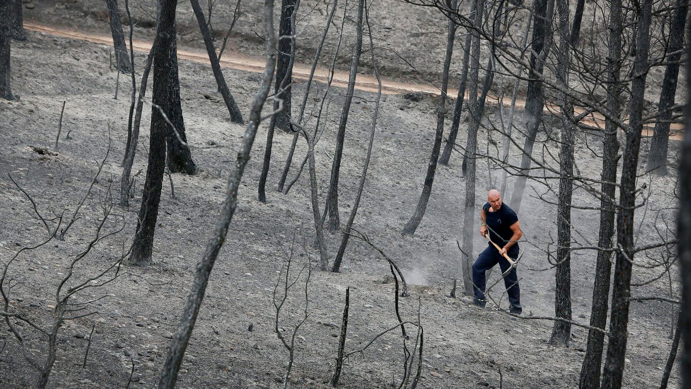 Egy tűzoltó a Barcelona melletti Odenában, miután az előző napon erdőtűz pusztított a környéken 
