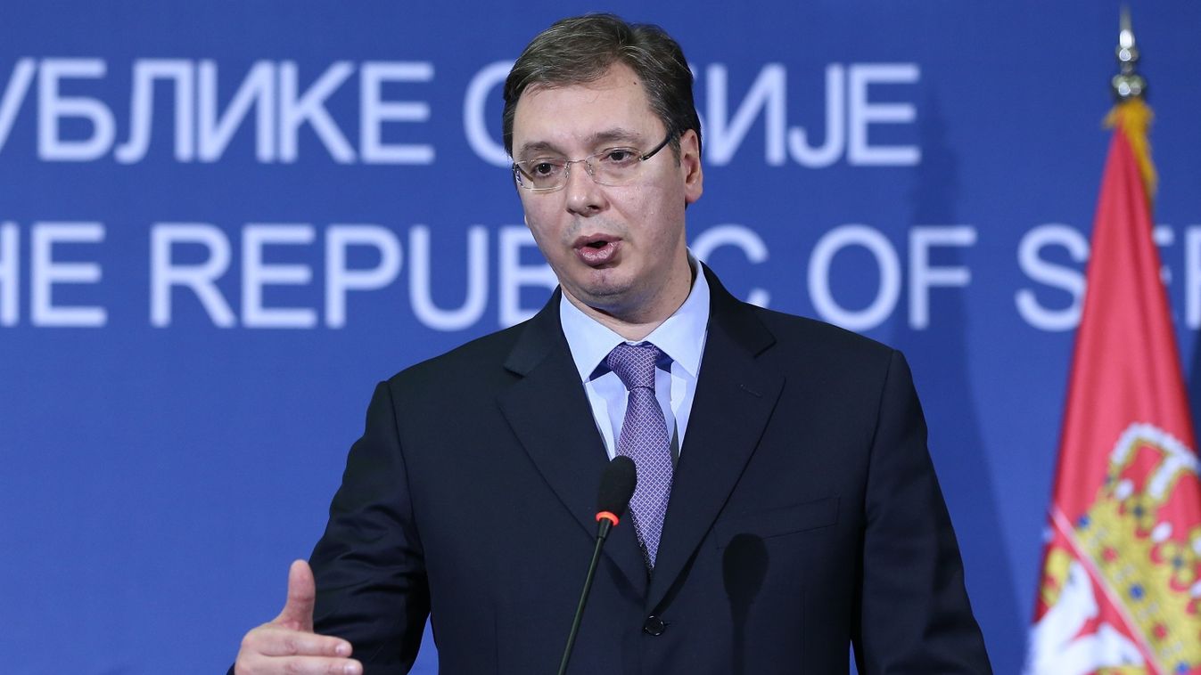 Ahmet Davutoglu Turkish Prime Minister PRESS CONFERENCE Serbia Belgrade Aleksandar Vucic Serbian Prime Minister 2015 SQUARE FORMAT BELGRADE, SERBIA - DECEMBER 28: Serbian Prime Minister Aleksandar Vucic speaks during a joint press conference with Turkish 