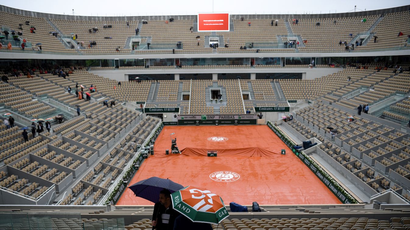 TOPSHOTS Horizontal ILLUSTRATION RAIN FRENCH TENNIS OPEN TENNIS COURT GENERAL VIEW HIGH ANGLE EMPTY PLACE 