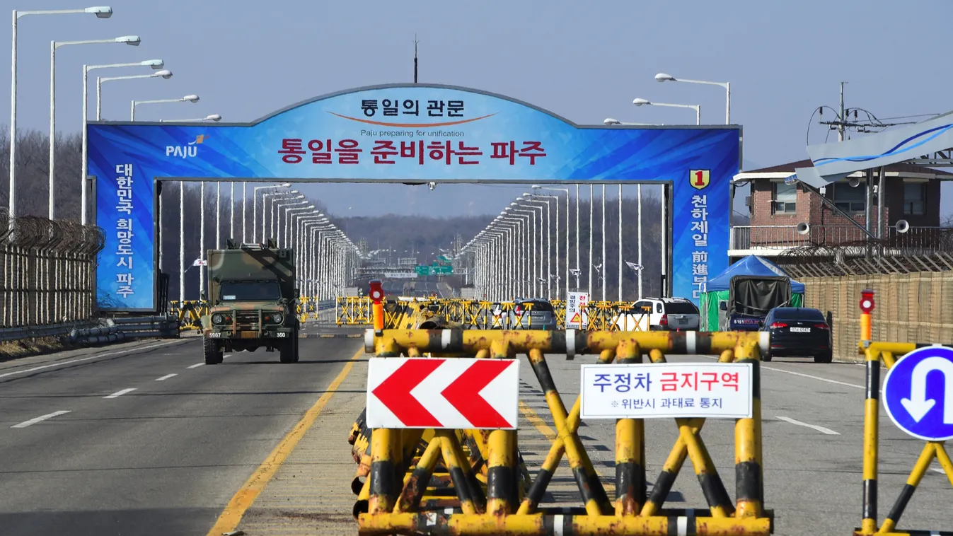 defence politics Horizontal This picture taken on February 12, 2017 shows barricades set on the road leading to North Korea's Kaesong joint industrial complex at a South Korean military checkpoint in the border city of Paju near the Demilitarized Zone (DM