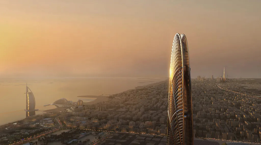 Dubai Holding has released details of the latest skyscraper planned for the UAE metropolis. The Burj Jumeira will soar 550 meters in the air, “inspired by the harmonious ripples of the UAE’s desert sand dunes and its flowing oases. felhőkarcoló 