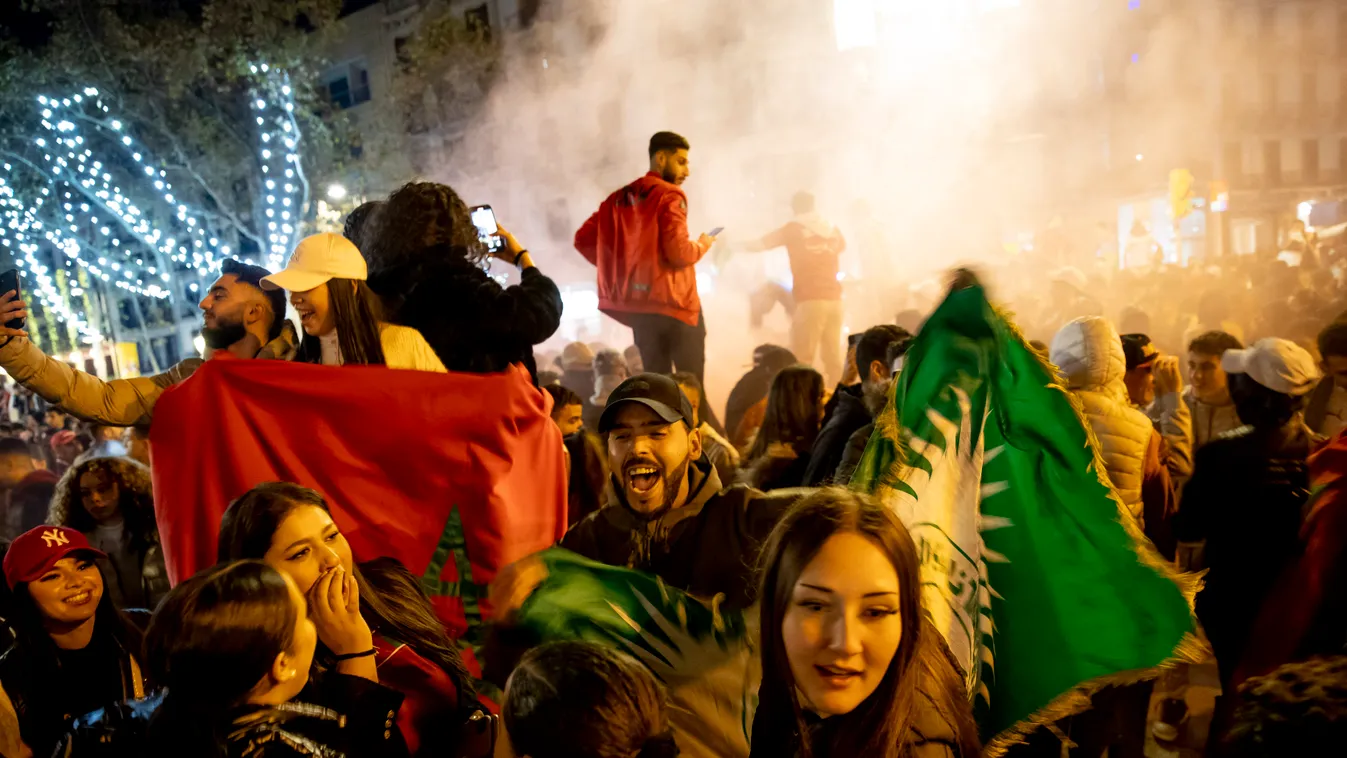 Celebration Of Morocco's Victory Against Spain In Barcelona futbol soccer qatar world cup cellebrations Marroco Barcelona Moroccan national football team Qatar World Cup 2022 Catalonia Albert Llop/NurPhoto Horizontal FOOTBALL 