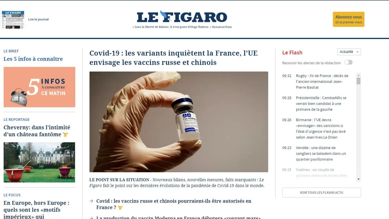 A Le Figaro az internetes kiadásukban vezető anyagként számol be a kínai és orosz vakcinákról és azok használatáról az Európai Unióban 