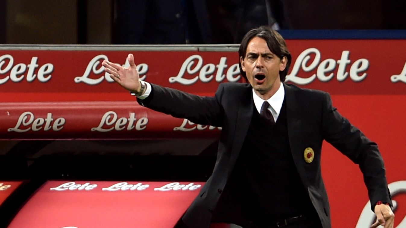 504226117 AC Milan's coach Filippo Inzaghi gestures during the Italian Serie A football match Inter Milan vs AC Milan at the San Siro Stadium in Milan on April 19, 2015. AFP PHOTO / GIUSEPPE CACACE 