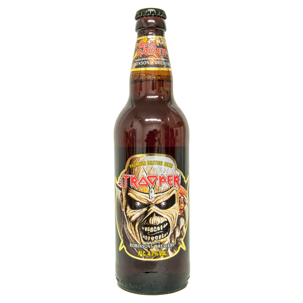 illustrative editorial trooper iron maiden robinsons british premium eddie malt beer bottle isolated brown glass white alcohol lager full cold liquid beverage refreshment cap drink pub cool wet object party bar refreshing ale nobody bubble fresh label amb