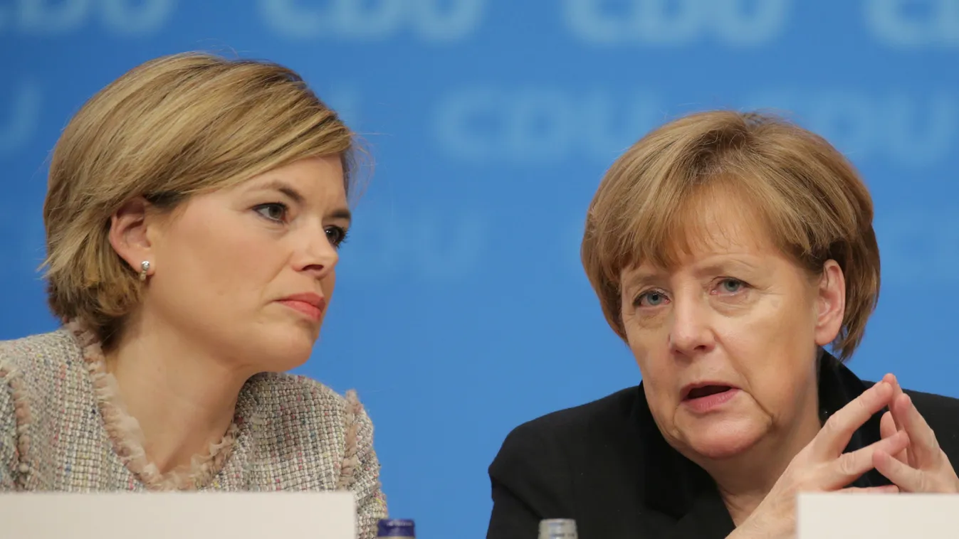 CDU party CONFERENCE Angela Merkel Julia Klöckner SQUARE FORMAT CDU chairwoman Julia Klöckner (l) sitting next to German Chancellor Angela Merkel (r) during the CDU party conference in Karlsruhe, Germany, 14 December 2015. The CDU will discuss refugee pol