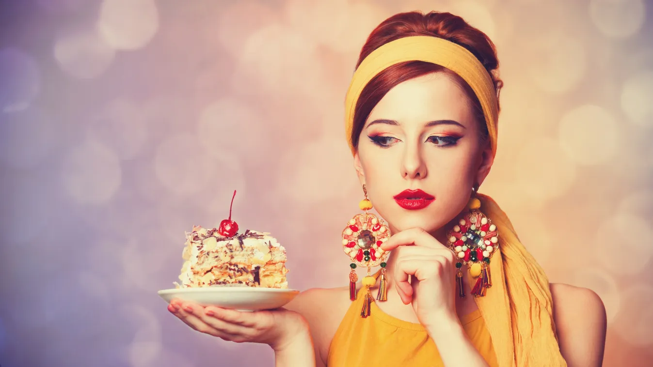 Style redhead girl with cake. 1950s Style 1960s Style 1970s Style Backgrounds Beautiful Beauty Cake Caucasian Cheerful Chocolate Cream Cute Dessert Dieting Earring Eating Fashion Fashion Model Female Food Freshness Fruit Human Lips Looking People Pin-Up G