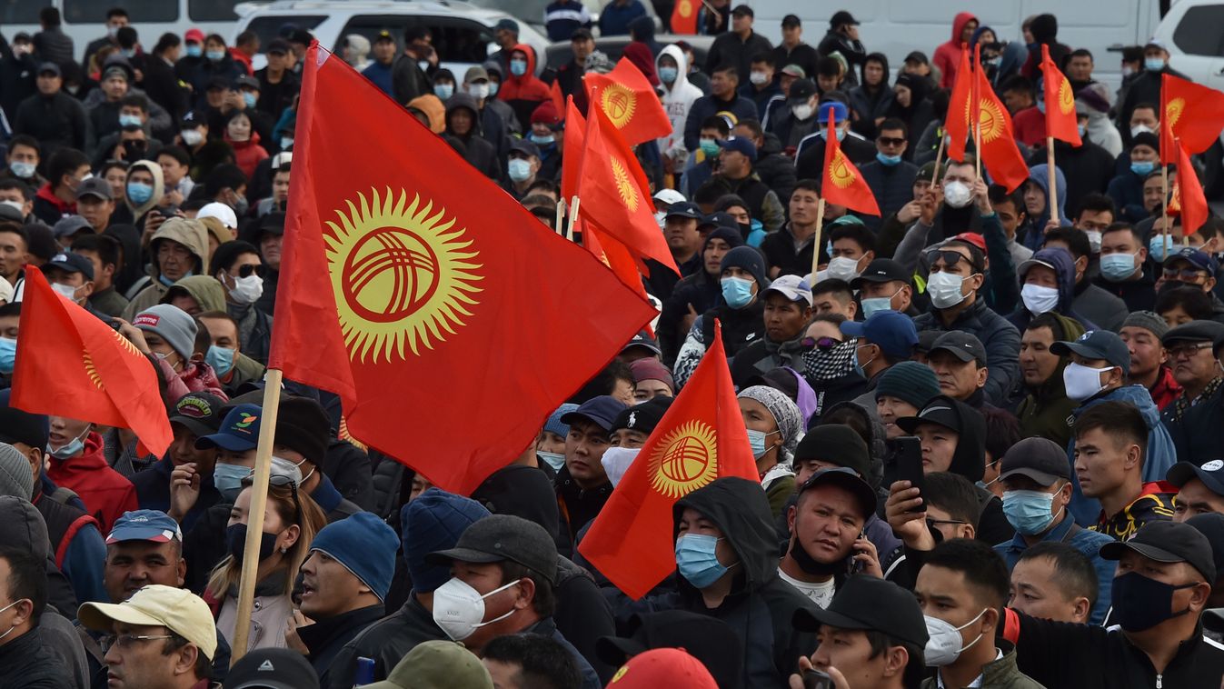 unrest politics Horizontal Supporters of former Kyrgyzstan President Almazbek Atambayev attend a rally in Bishkek on October 9, 2020. - Two large crowds supporting rival politicians clashed in Kyrgyzstan's capital Bishkek as a power vacuum persisted and P