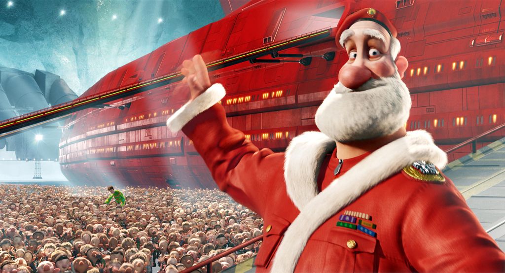Arthur Christmas Cinema airplane christmas elf to wave Horizontal panoramic SANTA CLAUS CROWD 