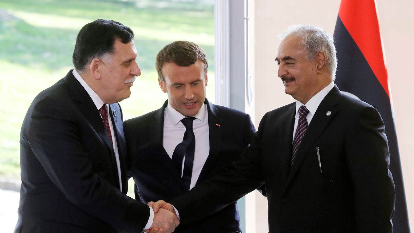 Emmanuel Macron, Fayez al-Sarraj, Khalifa Haftar, Párizs 