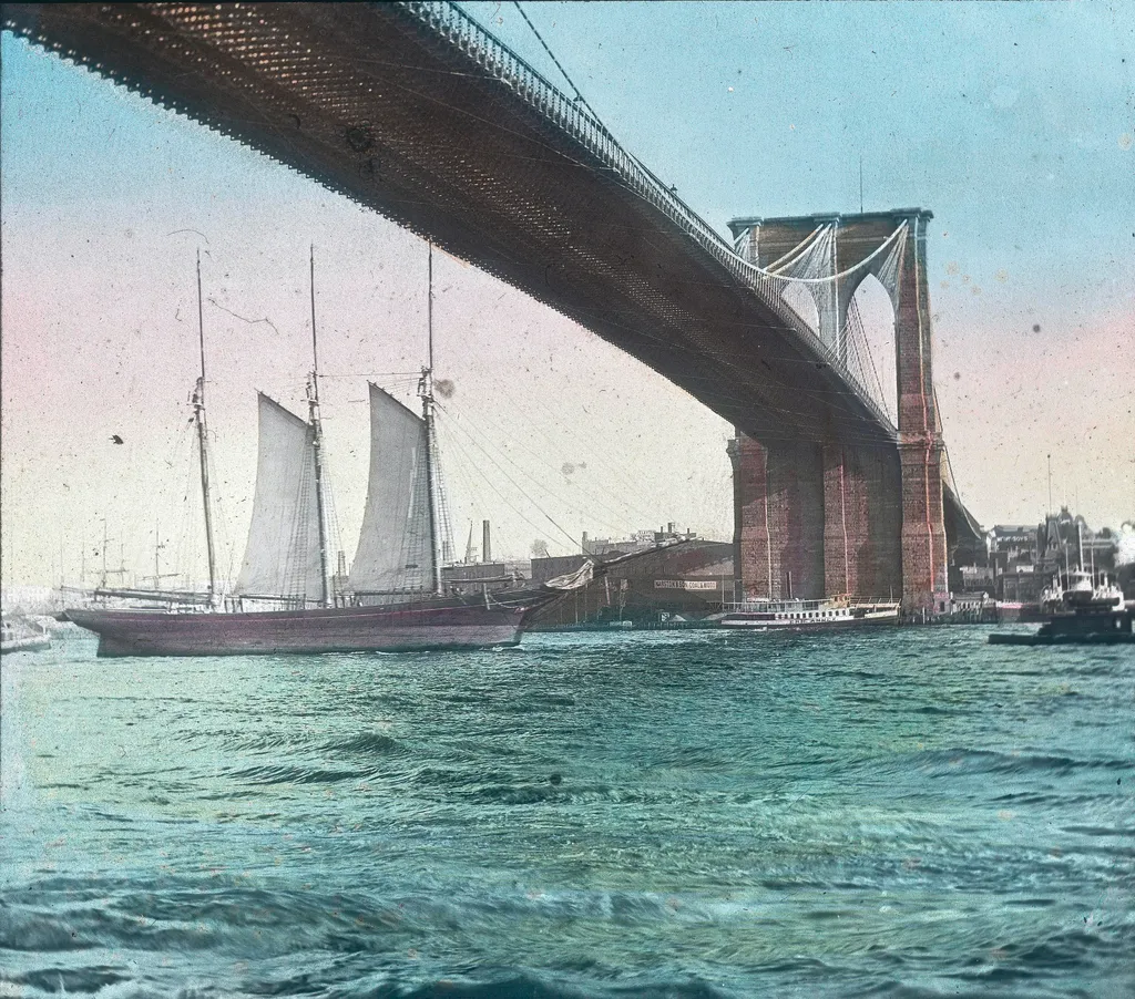 Brooklyn híd, 140,  The Brooklyn Bridge in New York. Hand-colored lantern slide. Around 1910 America Bridges Brooklyn 