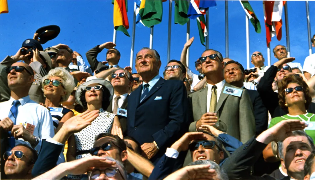 Spiro Agnew President Lyndon B. Johnson LBJ Apollo 11 Kennedy Space Center KSC Launch Vice President Spiro Agnew and former President Lyndon B. Johnson view the liftoff of Apollo 11 from pad 39A at Kennedy Space Center at 9:32 am EDT on July 16, 1969. 