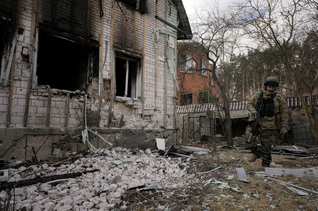 Ukrán válság 2022, ukrán, orosz, háború, orosz-ukrán háború, ukrán konfliktus, Ukrajna, kutya, romok, megrongálódott épület, Sztojanka, Ukarjna, katona 