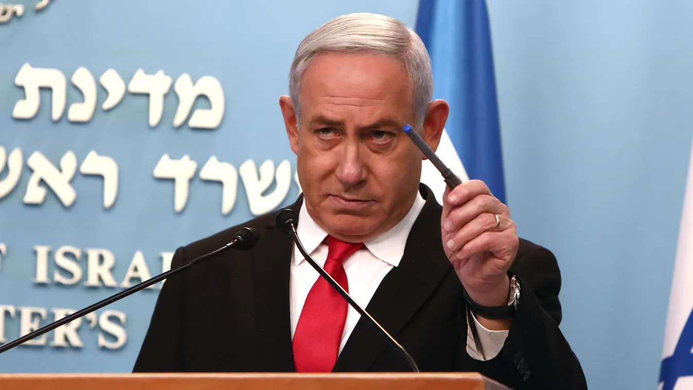 health Horizontal Israeli Prime Minister Benjamin Netanyahu delivers an speech at his Jerusalem office on March 14, 2020, regarding the new measures that will be taken to fight the Corona virus in Israel. - Netanyahu said Israel would shut down eateries, 