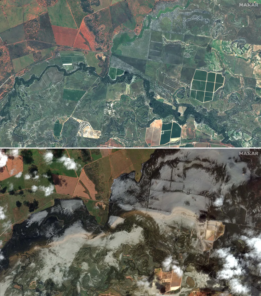 Műholdfelvételeken az Ausztrál árvíz Kiacatoo in Australia's New South Wales state on October 10, 2020 (top), and after it was hit by f 
