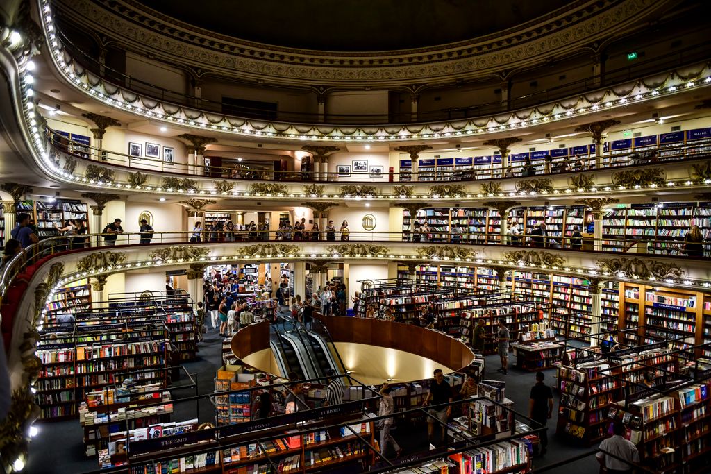 Horizontal ARCHITECTURE BOOKSHOP View of the "El Ateneo Grand Splendid" bookstore in Buenos Aires, Argentina, on January 9, 2019. - El Ateneo Grand Splendid is a bookshop in Buenos Aires that was named the "world's most beautiful bookstore" by National Ge