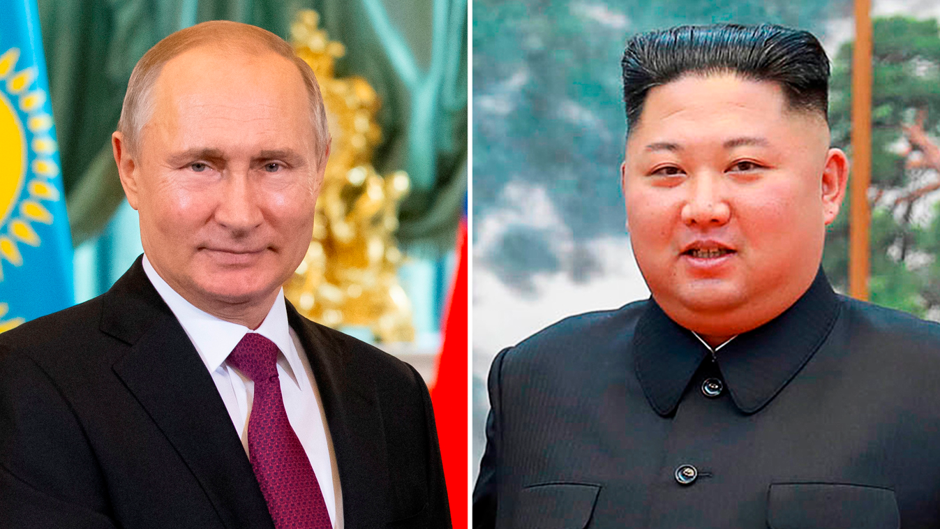 diplomacy Horizontal This combination of files pictures made on April 18, 2019, shows portraits of Russian President Vladimir Putin taken , April 3, 2019 in Moscow and is file photo taken on October 7, 2018 and of North Korea's leader Kim Jong Un ( a hand