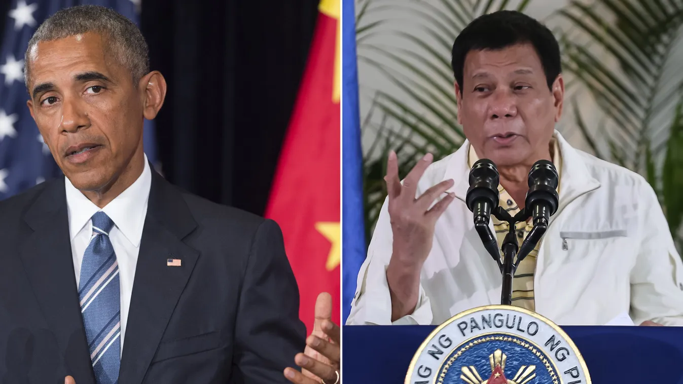 diplomacy Horizontal This combination image of two photographs taken on September 5, 2016 shows, at left, US President Barack Obama speaking during a press conference following the conclusion of the G20 summit in Hangzhou, China, and at right, Philippine 