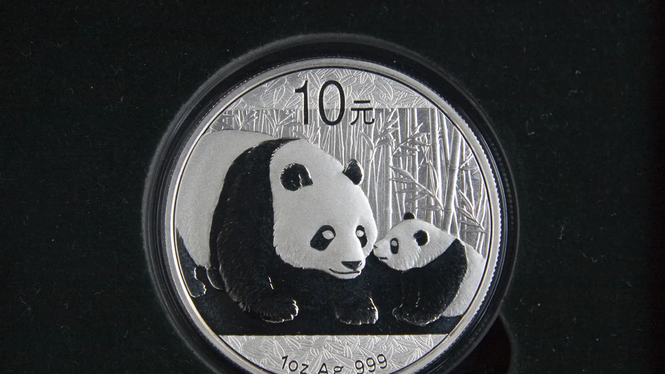 ilver Chinese coin of ten yuan with panda and bamboo 