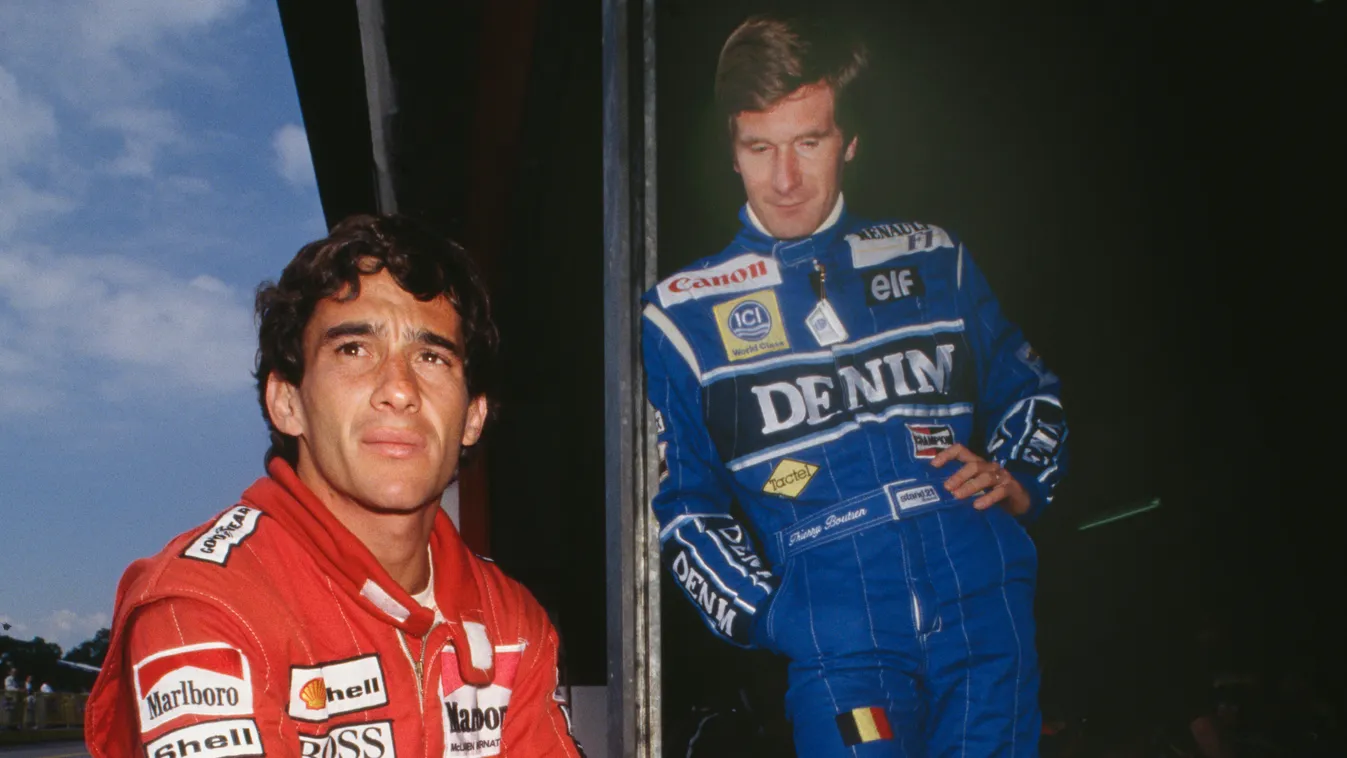 Senna And Boutsen Belgian Brazilian J165094506 colour day diry 17921 full length hands clasped only men outdoors race car driver sitting standing two people Brazilian racing driver Ayrton Senna (1960 -1994, left) with Belgian driver Thierry Boutsen during