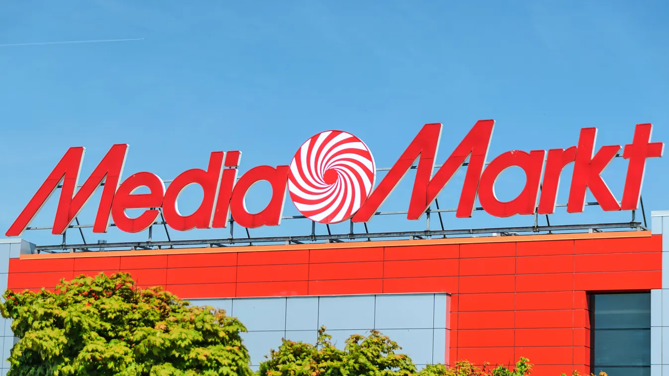 Nowy Sacz, Poland - 15 May 2017: Sign of a Media Markt store on the blue sky. Mediamarkt is a German chain of stores selling consumer electronics with numerous branches throughout Europe and Asia 