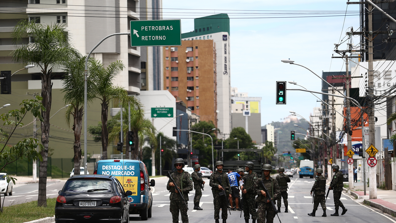Soldiers of the Brazilian Army make ostensive patrols on the streets and avenues of Vitoria, Espirito Santo, southeastern Brazil 