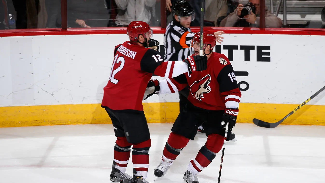Shane Doan #19 and Brad Richardson #12 of the Arizona Coyotes celebrate after Doan scored a first period goal against the Toronto Maple Leafs during the NHL game at Gila River Arena on December 22, 2015 in Glendale, Arizona. 