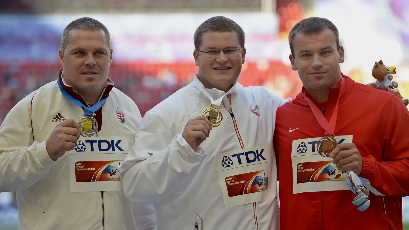 Pawel Fajdek lengyel kalapácsvető, Pawel Fajdek, Pars Krisztián, Pawel Fajdek és Lukas Melich a moszkvai atlétikai vb-n.
