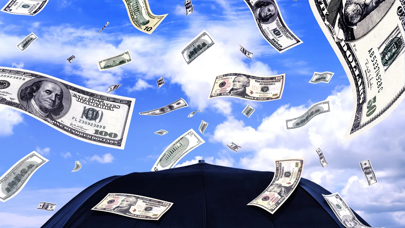 Raining money, artwork ARTWORK BLUE BACKGROUND CONCEPT IDEA CONCEPTUAL ILLUSTRATION SKY CLOUD UMBRELLA RAIN MONEY DOLLAR BANKNOTE WEALTH FINANCE RICH HORIZONTAL Raining money, computer artwork. 