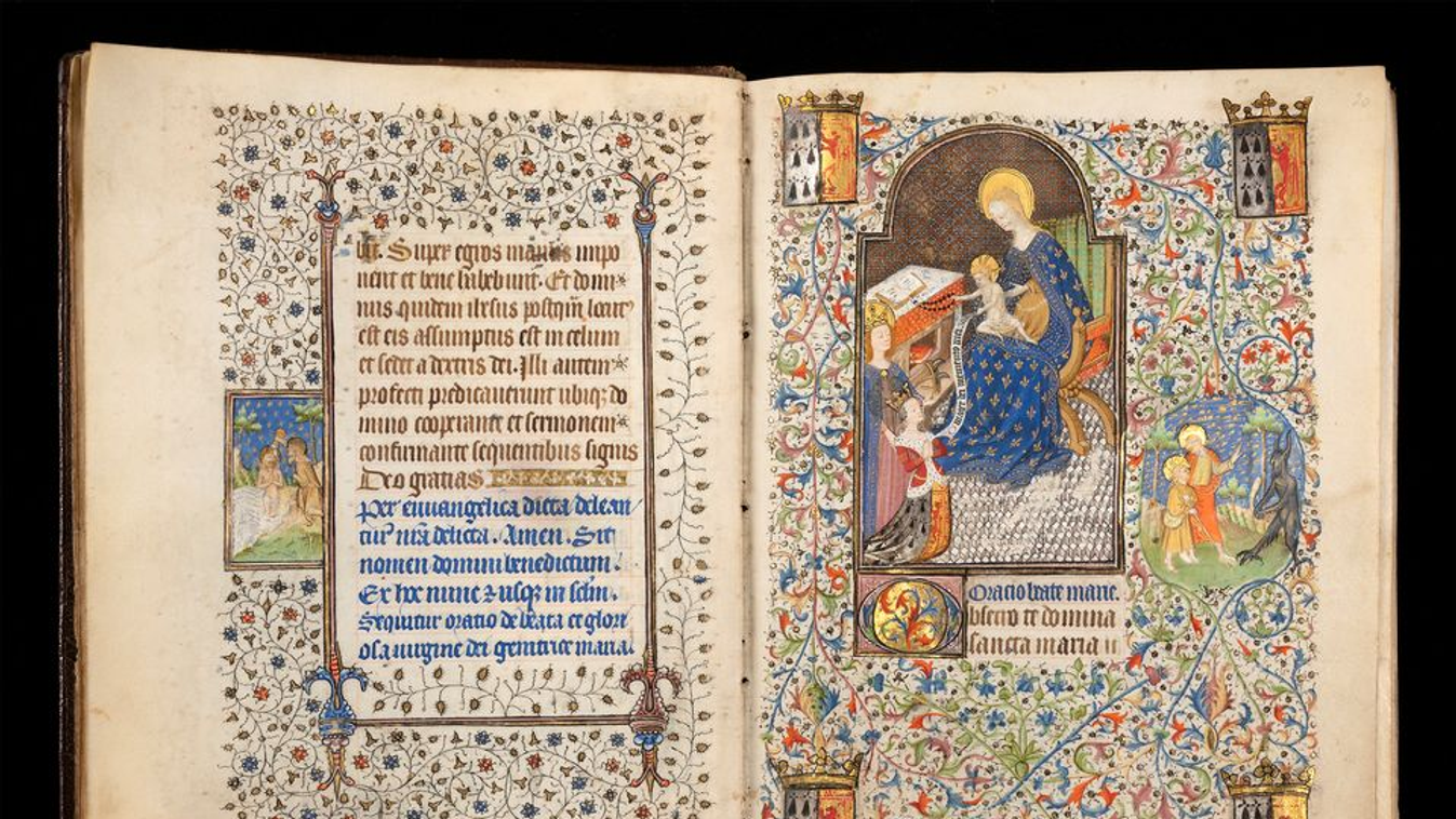 Virgin and Child with donor, The Hours of Isabella Stuart 15th Century Baby Jesus baptism baptism of Christ baptist baptizing biblical book of hours border Cambridge Hours Christ Christ child Christianity coat of arms crest crown crowned decorative initia