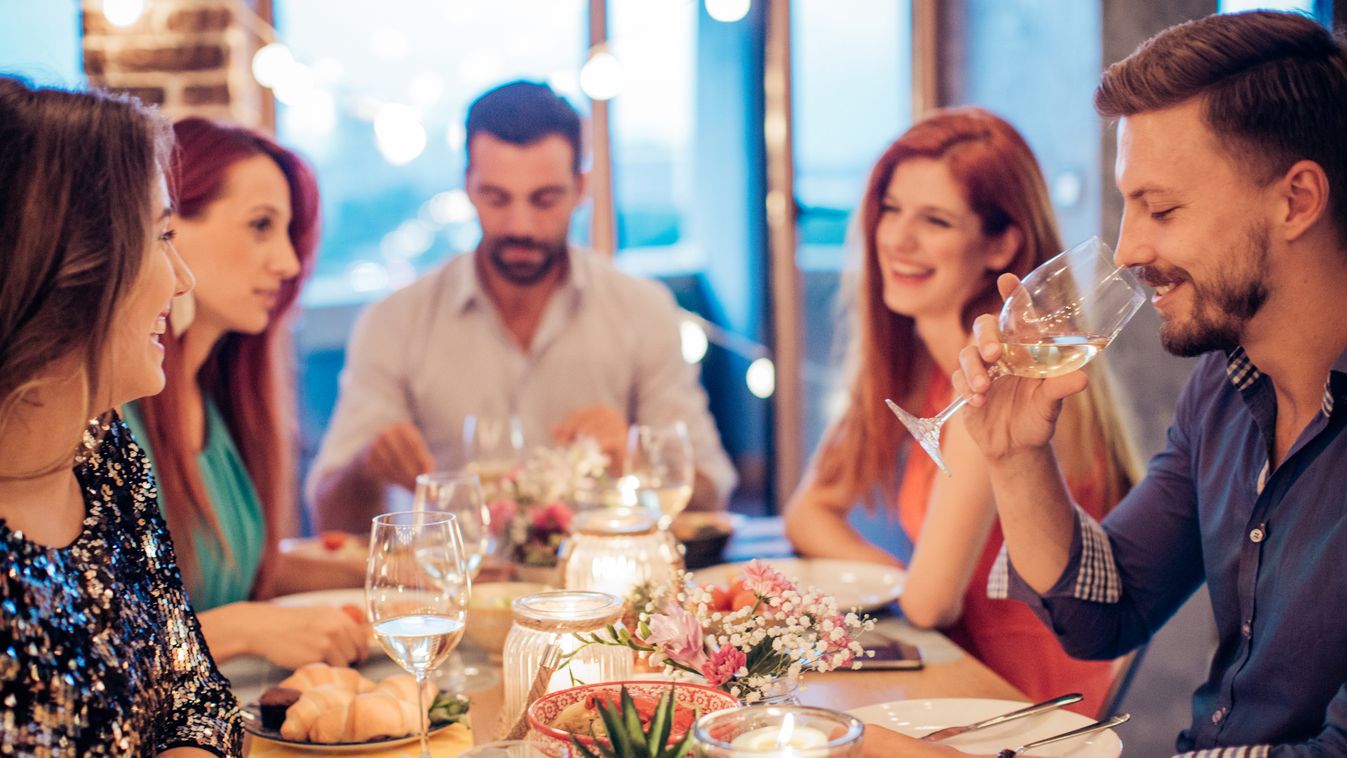 Food and wine lovers Setting The Table Five People Real People Candlelight Young Women Women Men Glowing Comfortable Meal Celebration Domestic Life Roast Chicken Dining Table Christmas Lights Dusk Drinking Glass White Wine Dessert 25-29 Years Mid Adult Ad