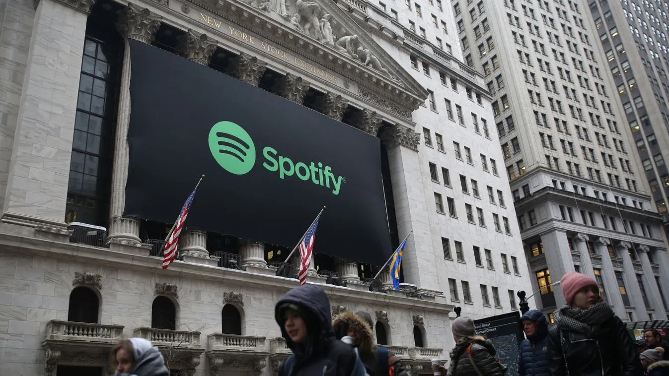 Spotify Logo on the New York Stock Exchange New York USA United States New York Stock Exchange stock Spotify Logo 
