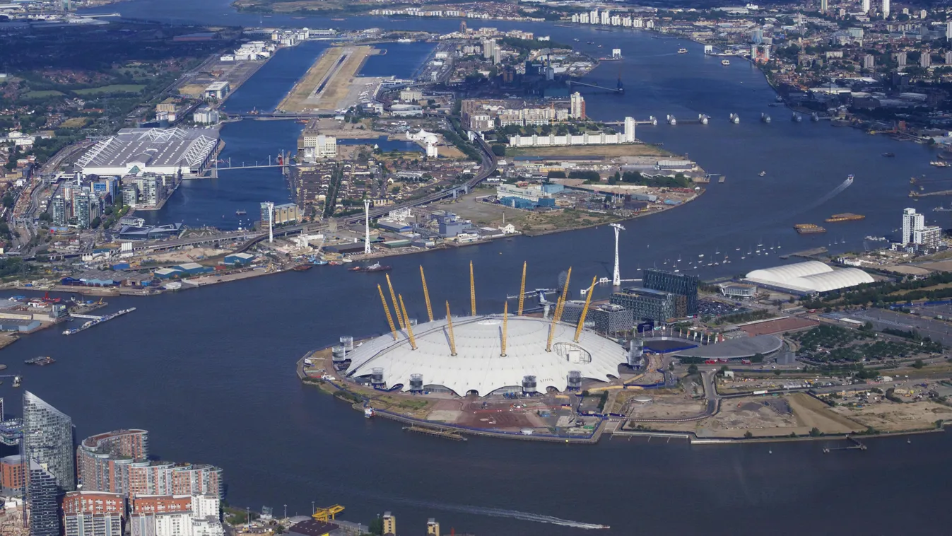Aerial view of London City Airport and O2 Arena, London, England, United Kingdom, Europe outdoors outside day HORIZONTAL nobody no-one colour colour image COLOR color image AERIAL VIEW London City Airport O2 Arena London England United Kingdom EUROPE EURO