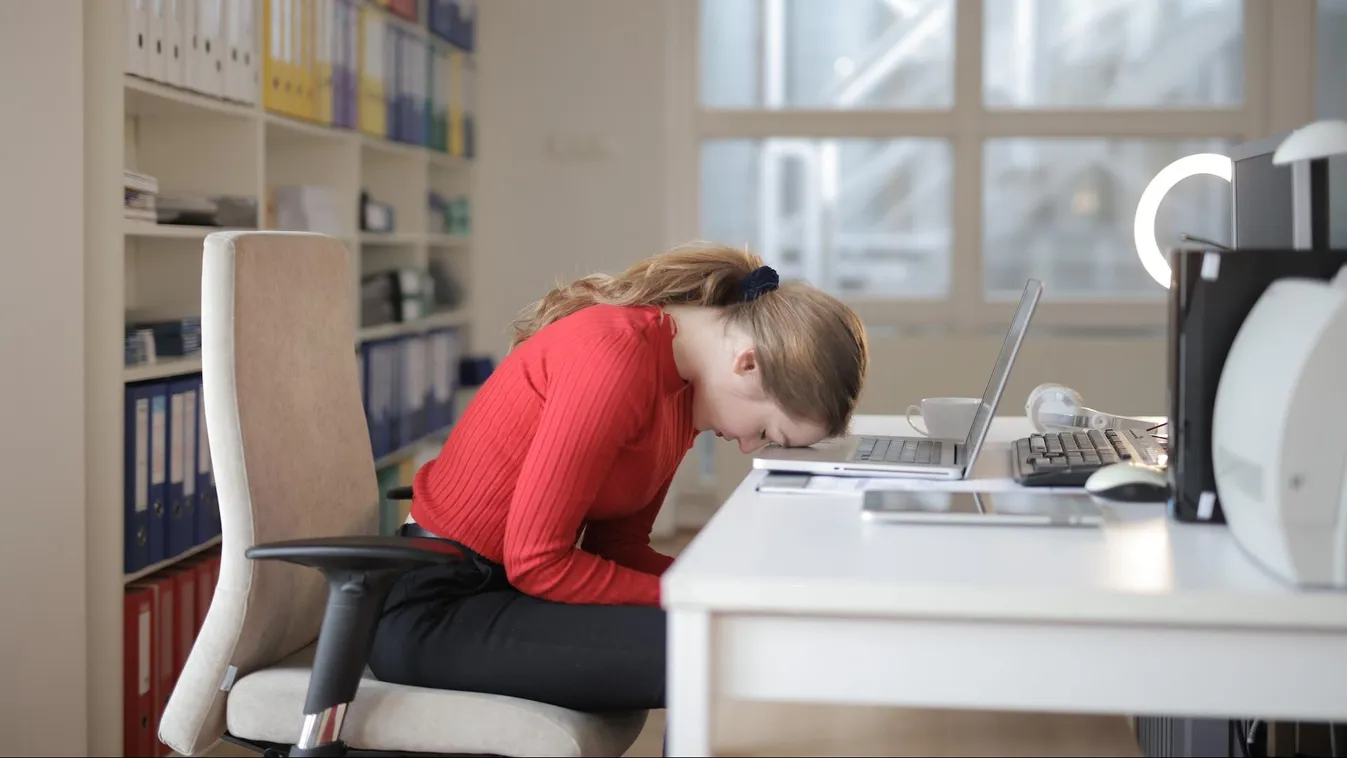 laptop notebook számítógép alvás fáradt fáradtság kialvatlan kialvatlanság iroda irodai munka frusztráció frusztrált 