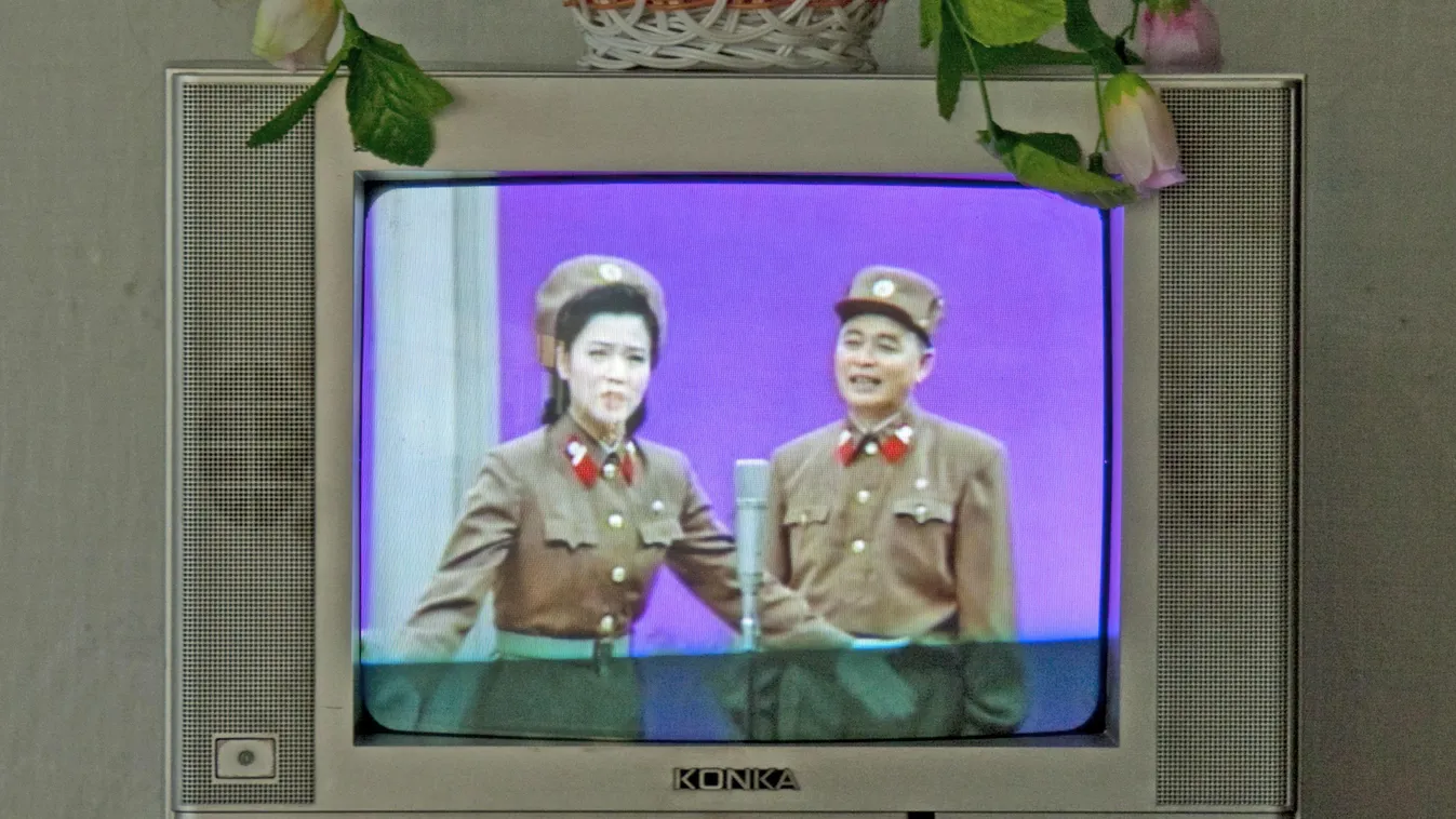 ARMY ASIA COMMUNISM Composition DECORATION Eastern Asia FLOWER Indoors military No People North Korea POLITICS PROPAGANDA Pyongyang SCREEN SOLDIER TELEVISION VERTICAL 