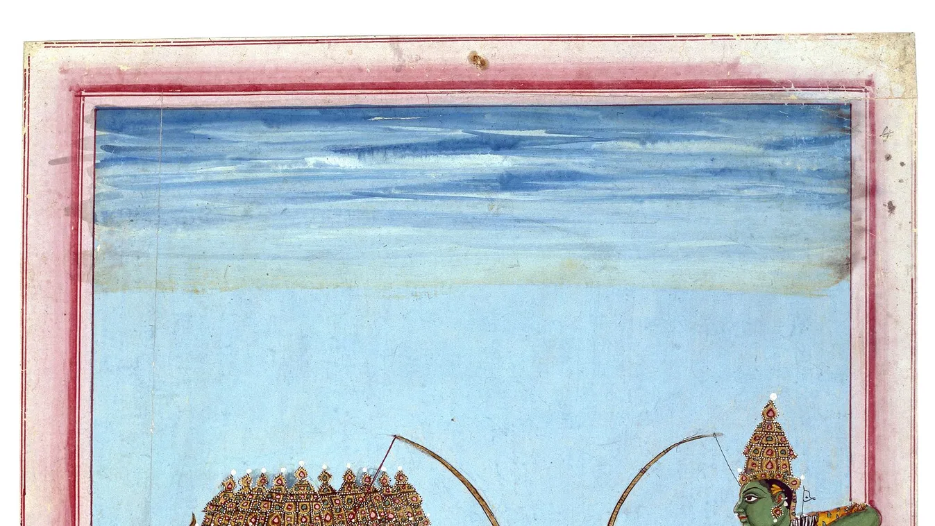 Ráma (jobbra) a majomkirály (Hanumán) vállán ül, és a démonkirály Ravana ellen harcol 