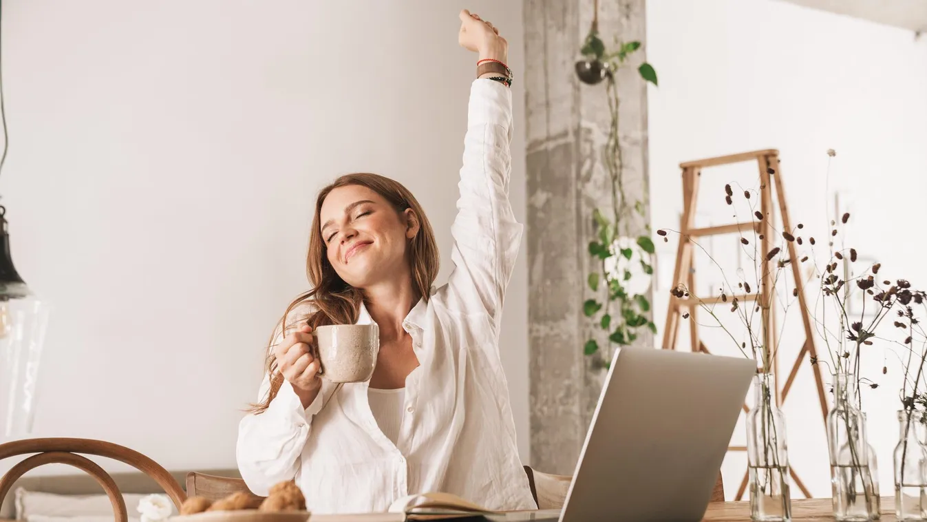 Redhead business woman stretching drinking coffee. adult amazing attractive beautiful business businesspeople businesswoman casual caucasian communication computer domestic education female flat girl home hotel house indoor interior lady laptop lifestyle 