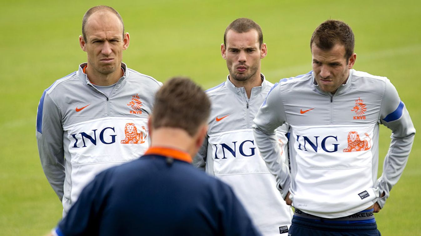Magyarország-Hollandia, Louis Van Gaal magyaráz Arjen Robbennek, Wesley Sneijdernek és Rafale Van der Vaartnak 