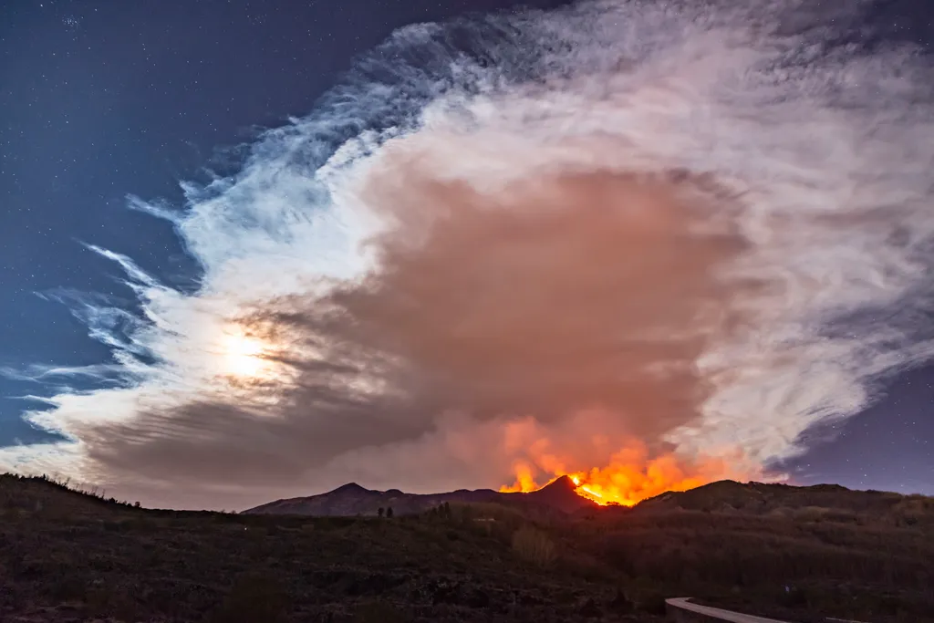 CATANIA, ITALY - FEBRUARY 23: Eruption at Mount Etna, in the early night there was a major increase in volcanic activity at the Southeast Crater, followed high lava fountains and lava flows along the flanks of the Southeast crater, photo taken at 1700 met
