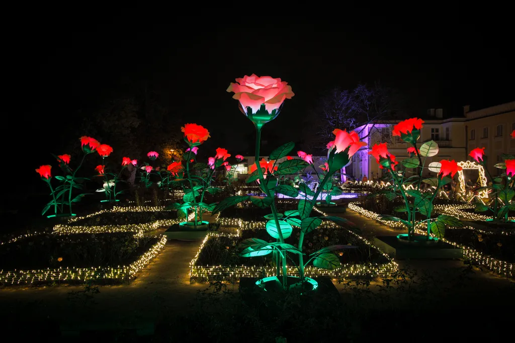 Látványos fényinstallációk a varsói Royal Garden területén, Varsó, Lengyelország, fény, kiállítás 