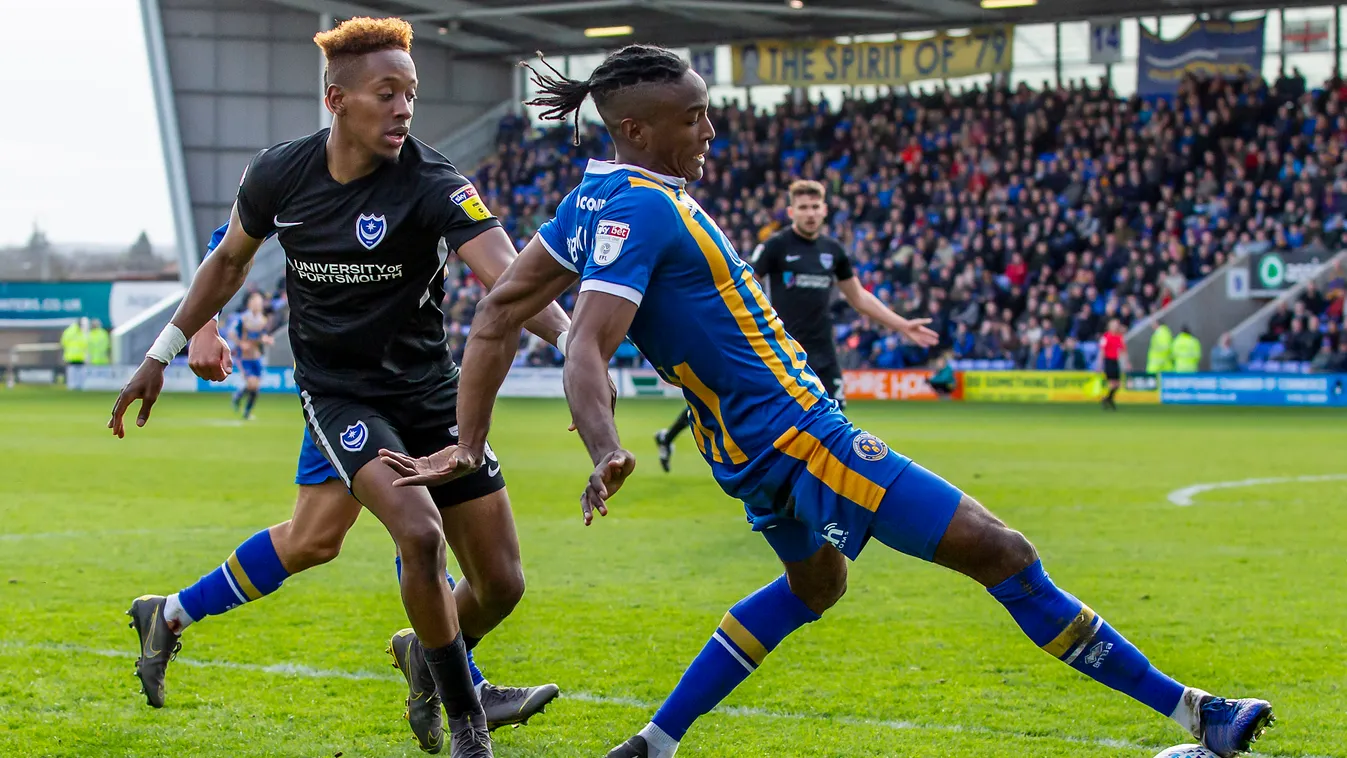 Shrewsbury Town v Portsmouth - Sky Bet League One FOOTBALL Football League League One Season 2017/18 Soccer Saturday 23rd March 2019 Shrewsbury Town vs Portsmouth Sky Bet League 1 Omar Beckles of Shrewsbury Town Jamal Lowe of Portsmouth FC Sky Bet League 