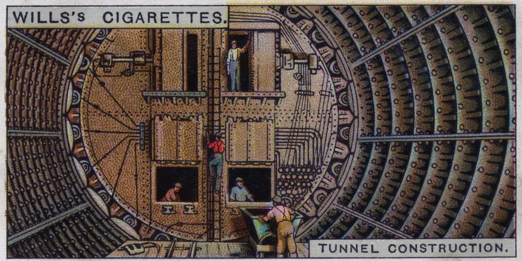 London Underground metró  Tunnelling Shield used in construction of London underground railways Civil engineering innovation Wills Cigarettes Cigarette card Ad Horizontal panoramic CONSTRUCTION ADVERTISING 