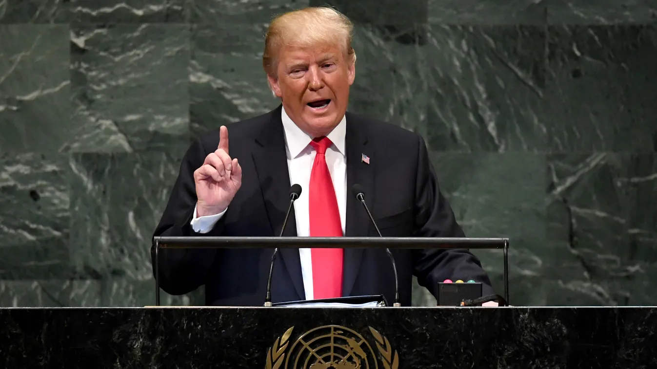 Horizontal UN GENERAL ASSEMBLY US President Donald Trump addresses the 73rd session of the General Assembly at the United Nations in New York September 25, 2018. / AFP PHOTO / TIMOTHY A. CLARY 