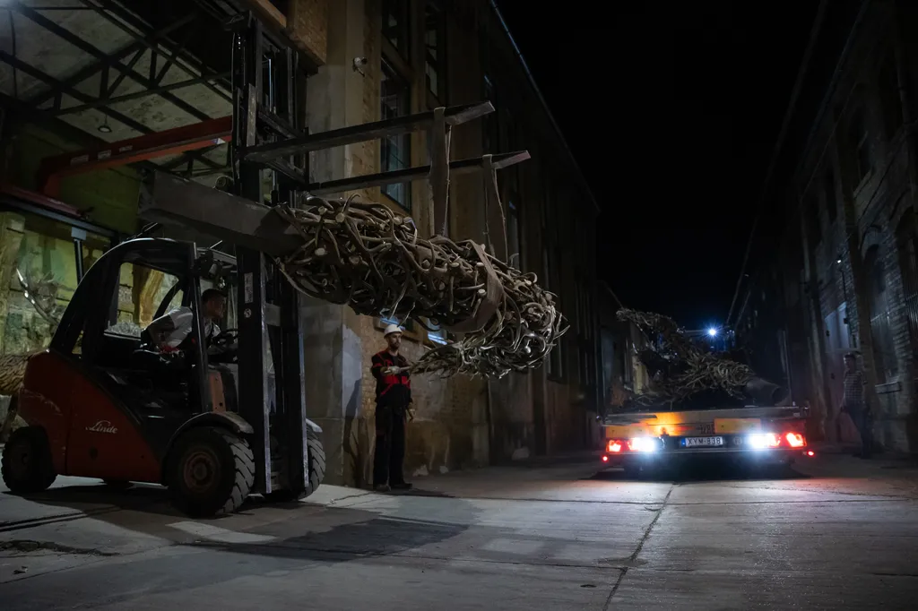 A Totem a Világkiállítás kapuja a hullajtott agancsokból készült bőgő szarvasbikafej A Totem, a Világkiállítás kapuja, a hullajtott agancsokból készült bőgő szarvasbikafej 