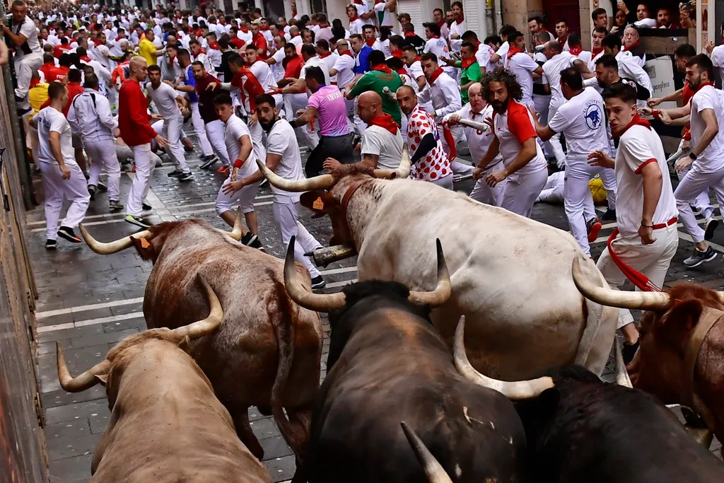 Bikafuttatás Pamlona, bika, fiesta, 
San Fermín fesztivál spanyolország, 
 spanyolországi Pamplonában 2022. július 7-én. A város védőszentjének tiszteletére 1591 óta évente megrendezett kilencnapos fiesta egyik fő at 