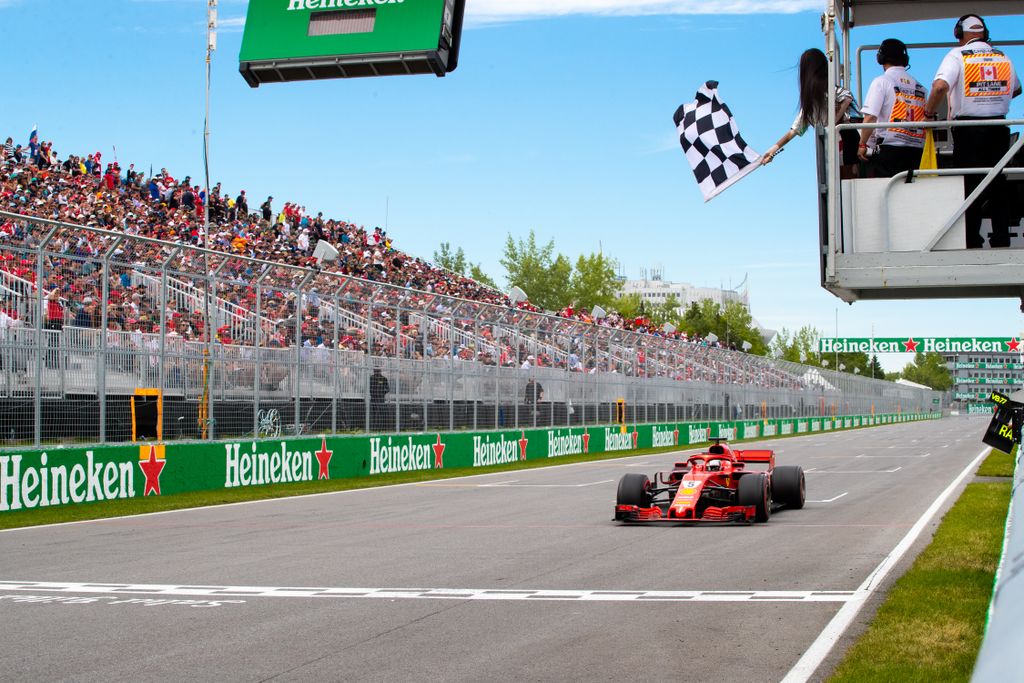 A Forma-1-es Kanadai Nagydíj, Sebastian Vettel, Scuderia Ferrari, kockás zászló, Winnie Harlow 