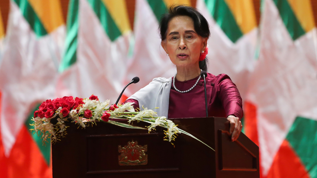 politics Horizontal Myanmar's State Counsellor Aung San Suu Kyi delivers a national address in Naypyidaw on September 19, 2017.
Aung San Suu Kyi said on September 19 she "feels deeply" for the suffering of "all people" caught up in conflict scorching thro